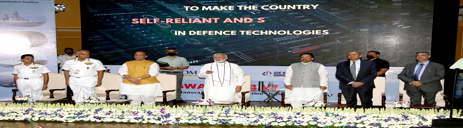 Prime Minister Shri Narendra Modi unveiling SPRINT Challenges, aimed at giving a boost to the usage of indigenous technology in Indian Navy, during Naval Innovation and Indigenisation Organisation (NIIO) seminar Swavlamban in New Delhi on July 18, 2022. A
