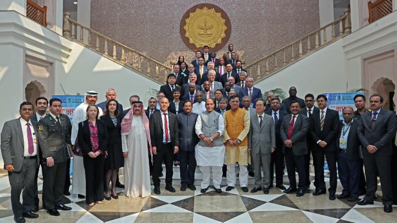 Raksha Mantri Shri Rajnath Singh with with Ambassadors, Heads of Mission and Defence Attaches at Ambassadors Round Table Conference on DefExpo 2020 in New Delhi on Monday, November 04, 2019
