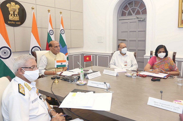 The Union Minister for Defence, Shri Rajnath Singh during a virtual interaction with the Minister of National Defence of Vietnam, Lt. Gen. Phan Van Giang, in New Delhi on July 01, 2021