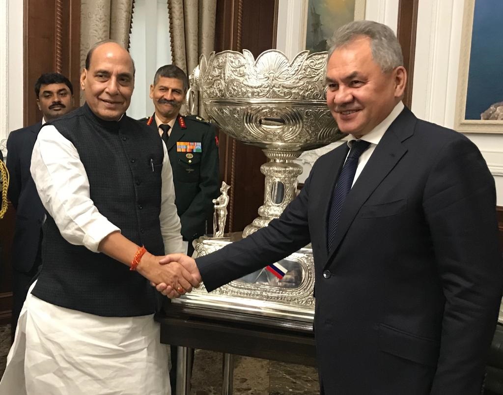 Raksha Mantri Shri Rajnath Singh meeting the Defence Minister of Russia General Sergey Shoigu before the India-Russia Inter-Governmental Commission on Military and Military Technical Cooperation (IRIGC-M&MTC) meeting in Moscow, Russia on November 06, 2019. 
