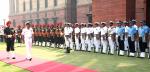Chief of Defence Force, Seychelles Brigadier Michael Rosette inspecting the Tri-Service Guard of Honour at South Block lawns in New Delhi on October 28, 2023.