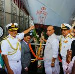Raksha Mantri Shri Rajnath Singh launching the frontline warship Ins Surat  of the Indian Navy at Mazagon Docks Limited MDL  Mumbai on Tuesday May 17 2022. Also seen in the picture is Chief of the Naval Staff Admiral R Hari Kumar.
