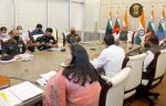 Raksha Mantri Shri Rajnath Singh reviewing the Assessment of Properties by Cantonment Boards in New Delhi on  March 29, 2022. Also seen are Chief of Army Staff General M M Narvane and Defence Secretary Dr Ajay Kumar.