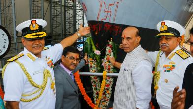 Raksha Mantri Shri Rajnath Singh launching the frontline warship Ins Surat  of the Indian Navy at Mazagon Docks Limited MDL  Mumbai on Tuesday May 17 2022. Also seen in the picture is Chief of the Naval Staff Admiral R Hari Kumar.