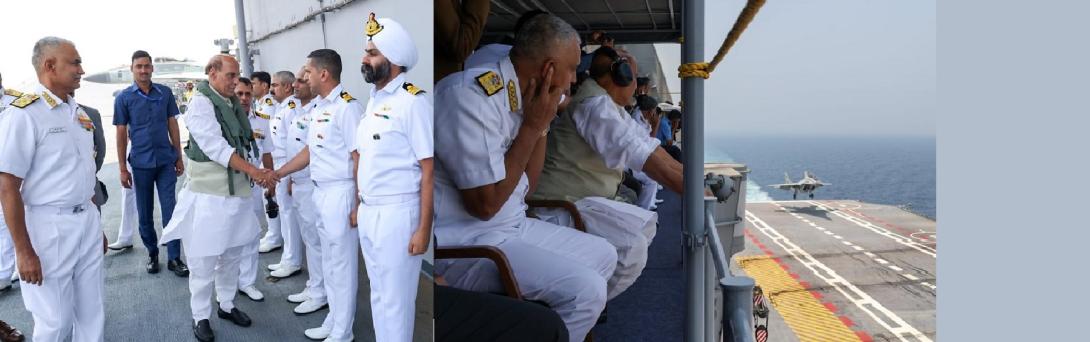Glimpses of Naval Commanders’ Conference, addressed by Raksha Mantri Shri Rajnath Singh, aboard India’s first aircraft carrier INS Vikrant on March 06, 2023. Also seen are Raksha Rajya Mantri Shri Ajay Bhatt, Chief of Defence Staff General Anil Chauhan, Chief of the Naval Staff Admiral R Hari Kumar and Defence Secretary Shri Giridhar Aramane